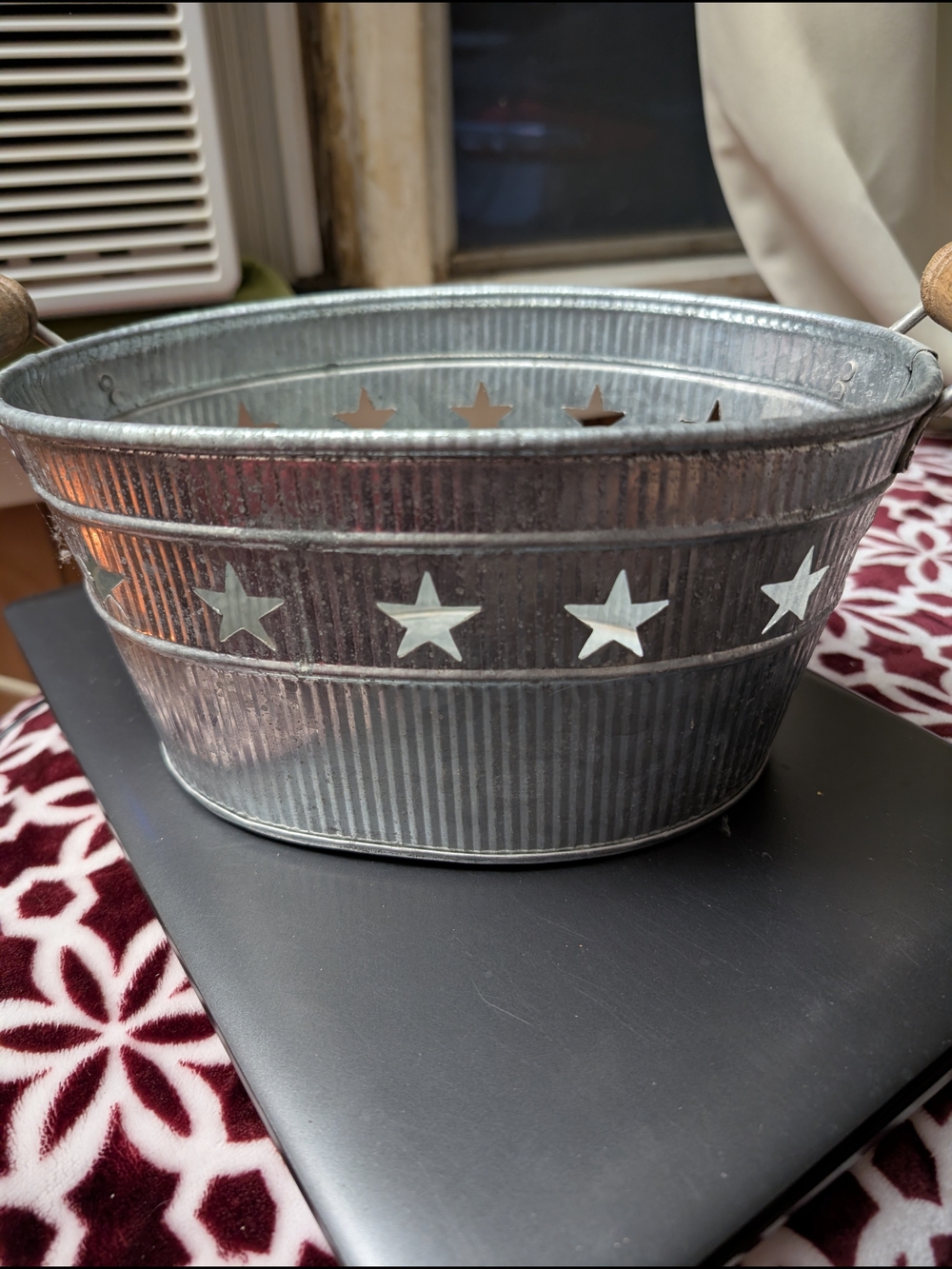 India Handcrafted Galvanized Star-Accent Metal Tub Basket